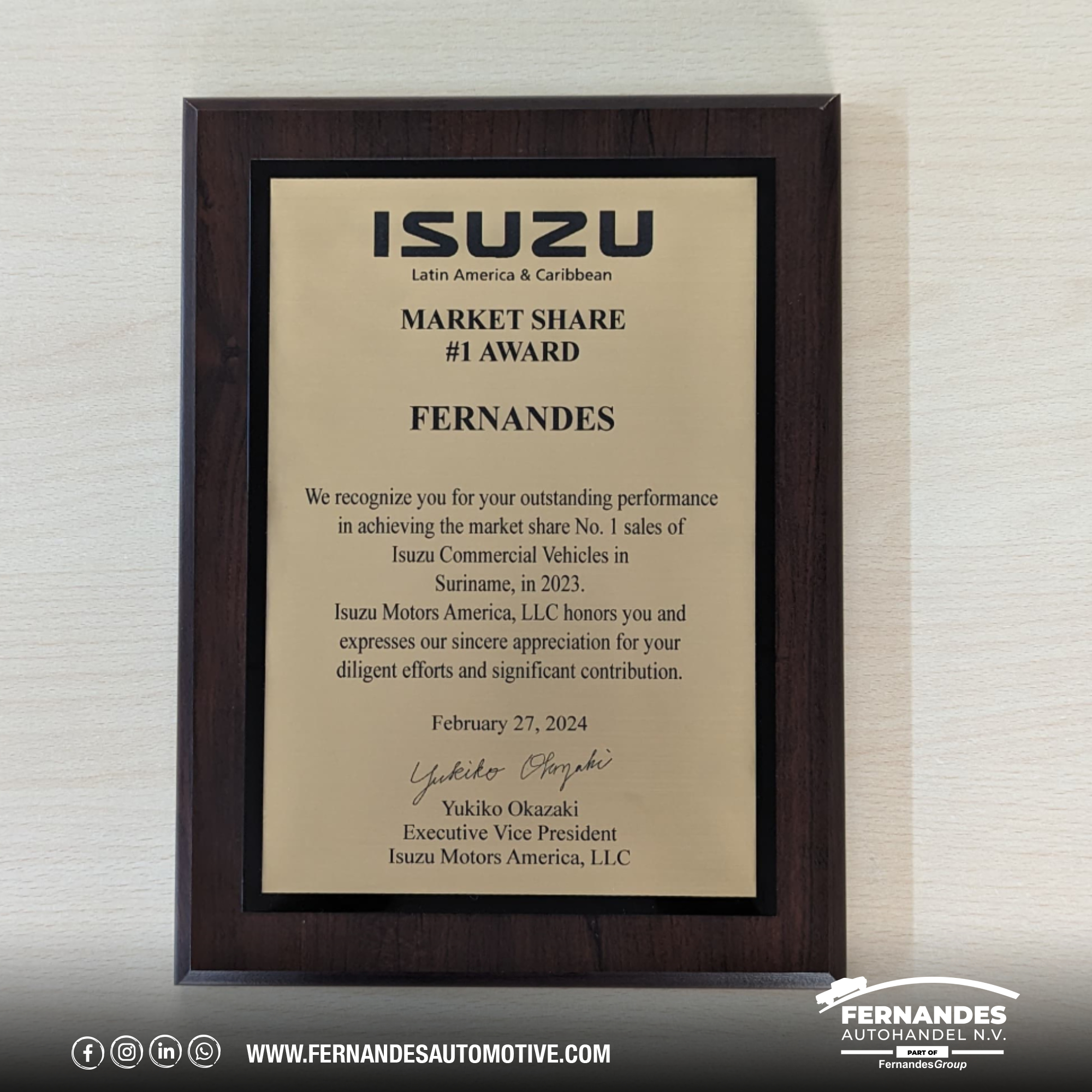 'Isuzu Market Share No. 1 Award voor de verkoop van Isuzu Commercial Vehicles in 2023'